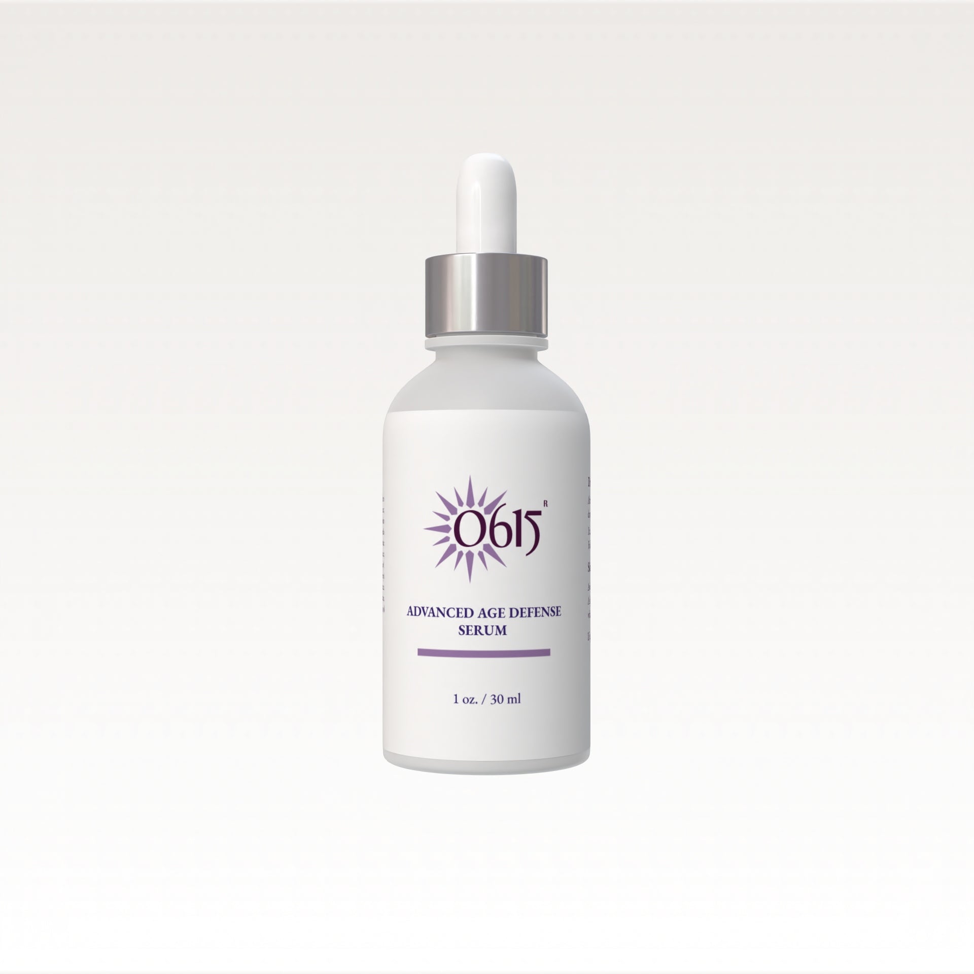 White serum bottle with silver cap on a light gray background