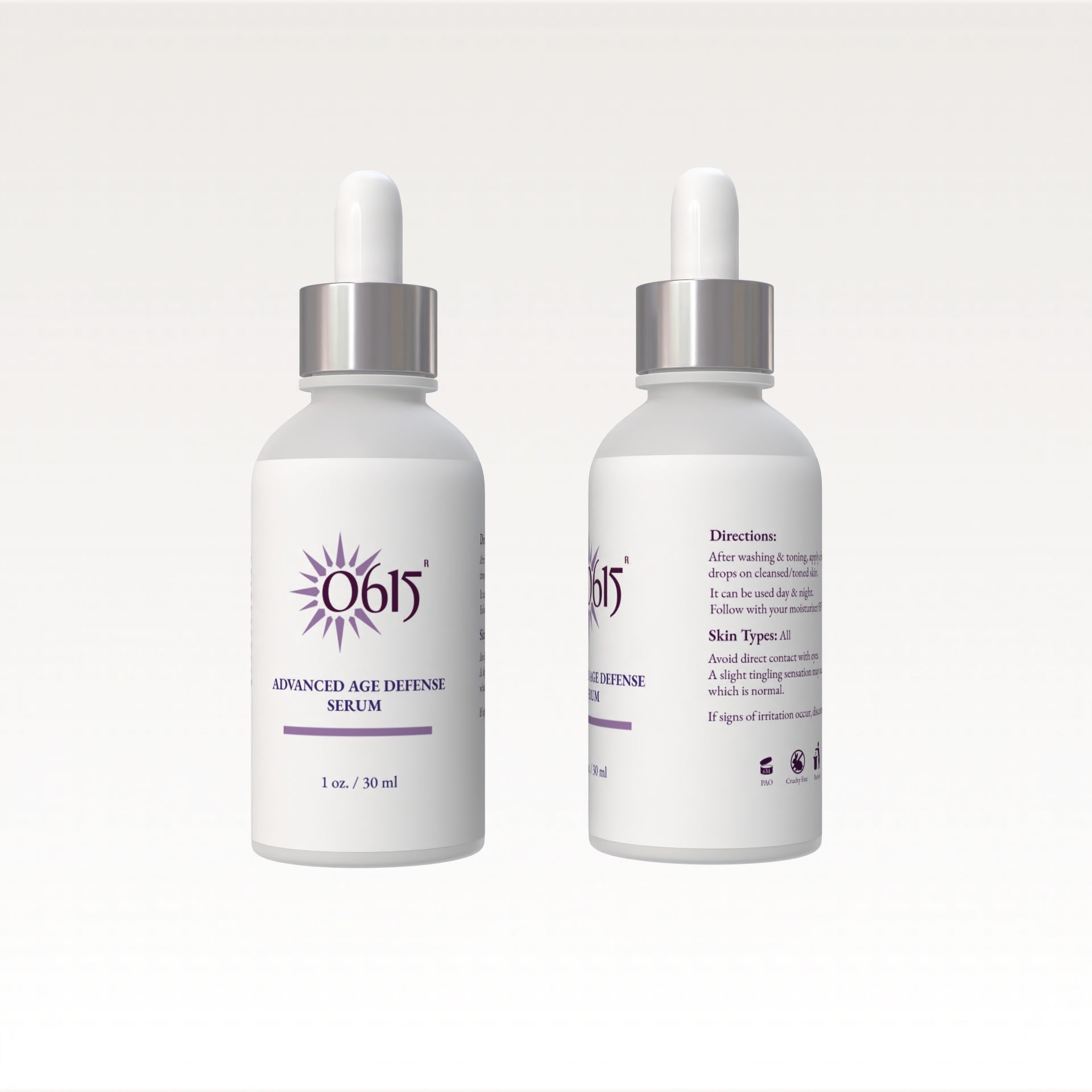Two bottles of Age Defense Serum skincare serum on a white background