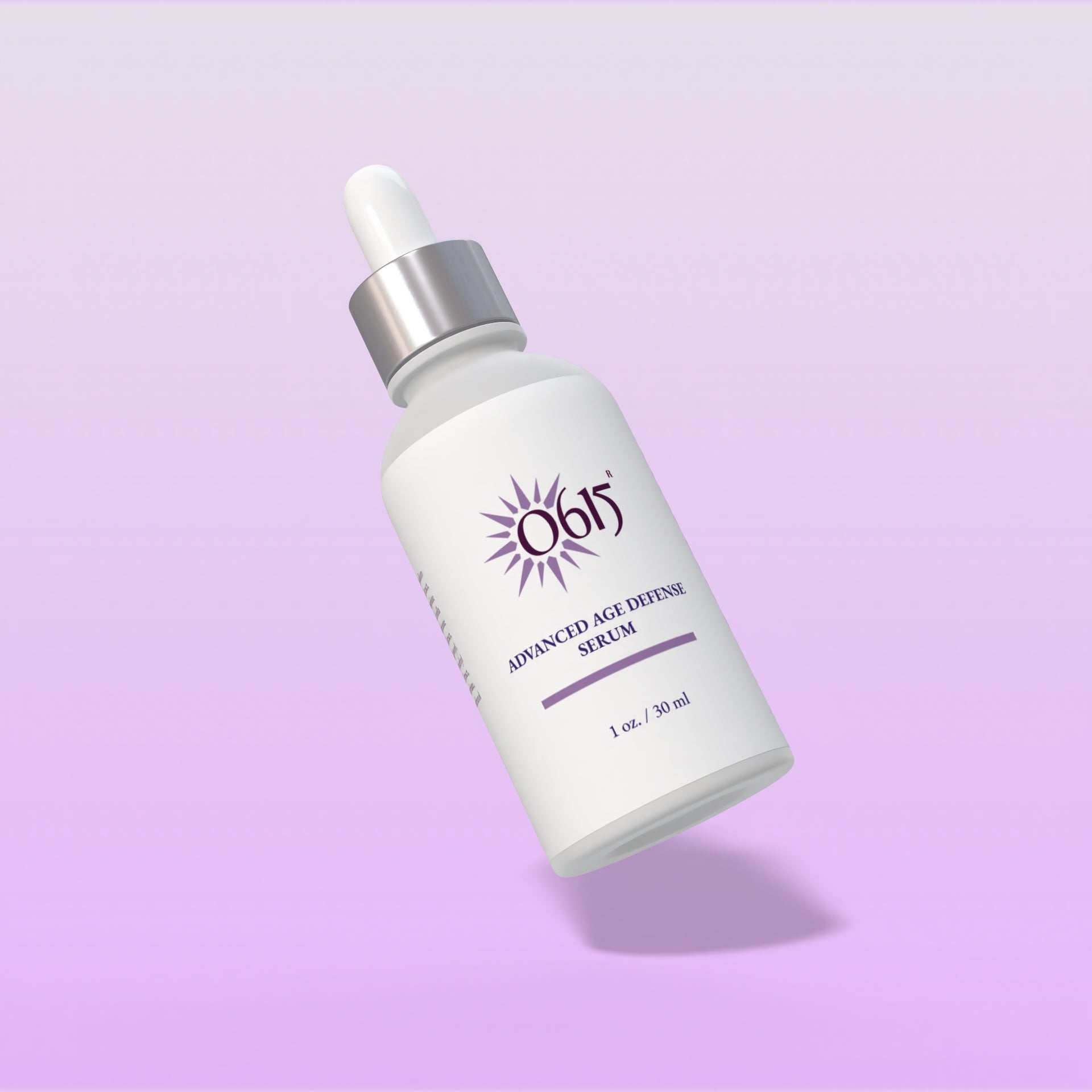 Advanced Age Defense Serum bottle with dropper on a light purple background