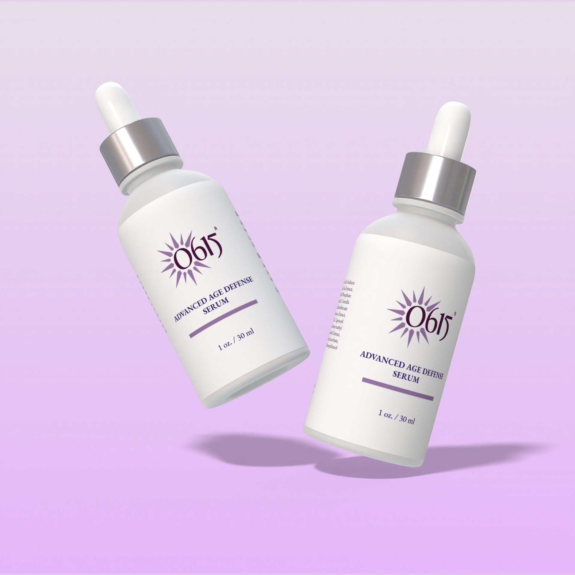 Two bottles of O615 Advanced Age Defense Serum on a light purple background