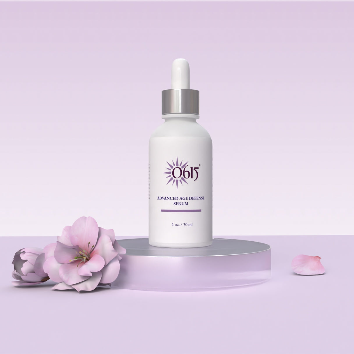 Skincare serum bottle with flowers on a light purple background