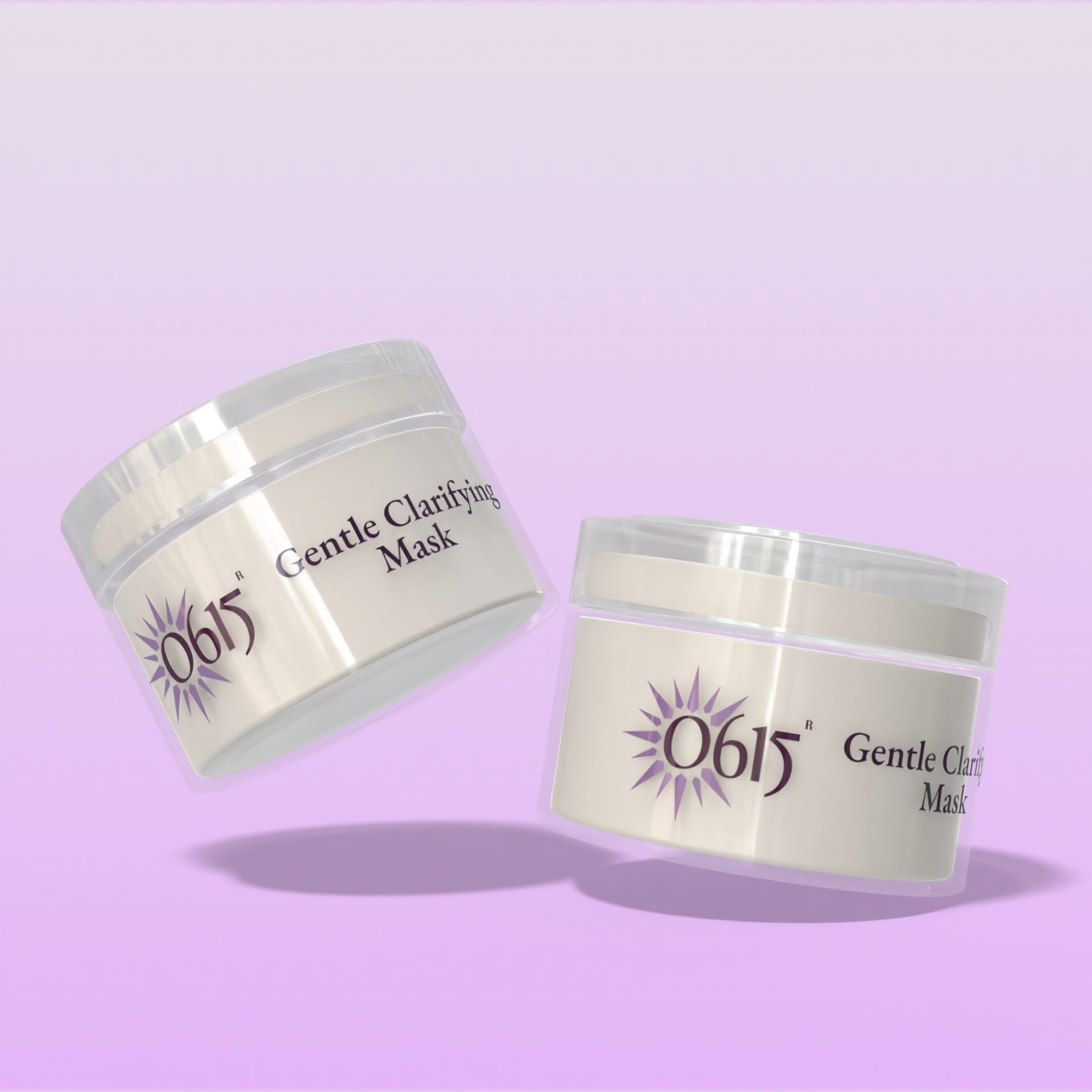 Two jars of 0615 Gentle Clarifying Mask on a light purple background