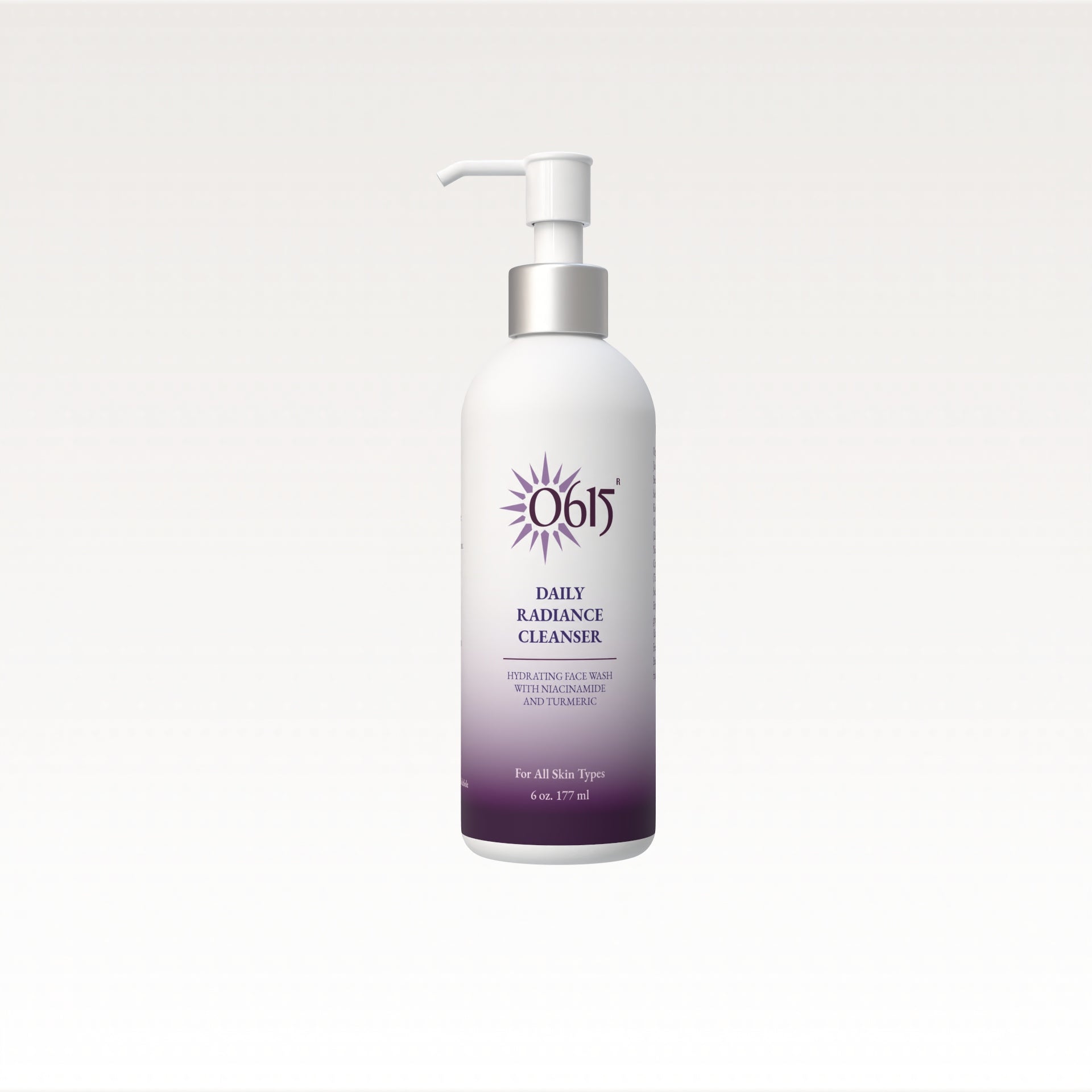 White bottle of Daily Radiance Cleanser with purple label on a white background