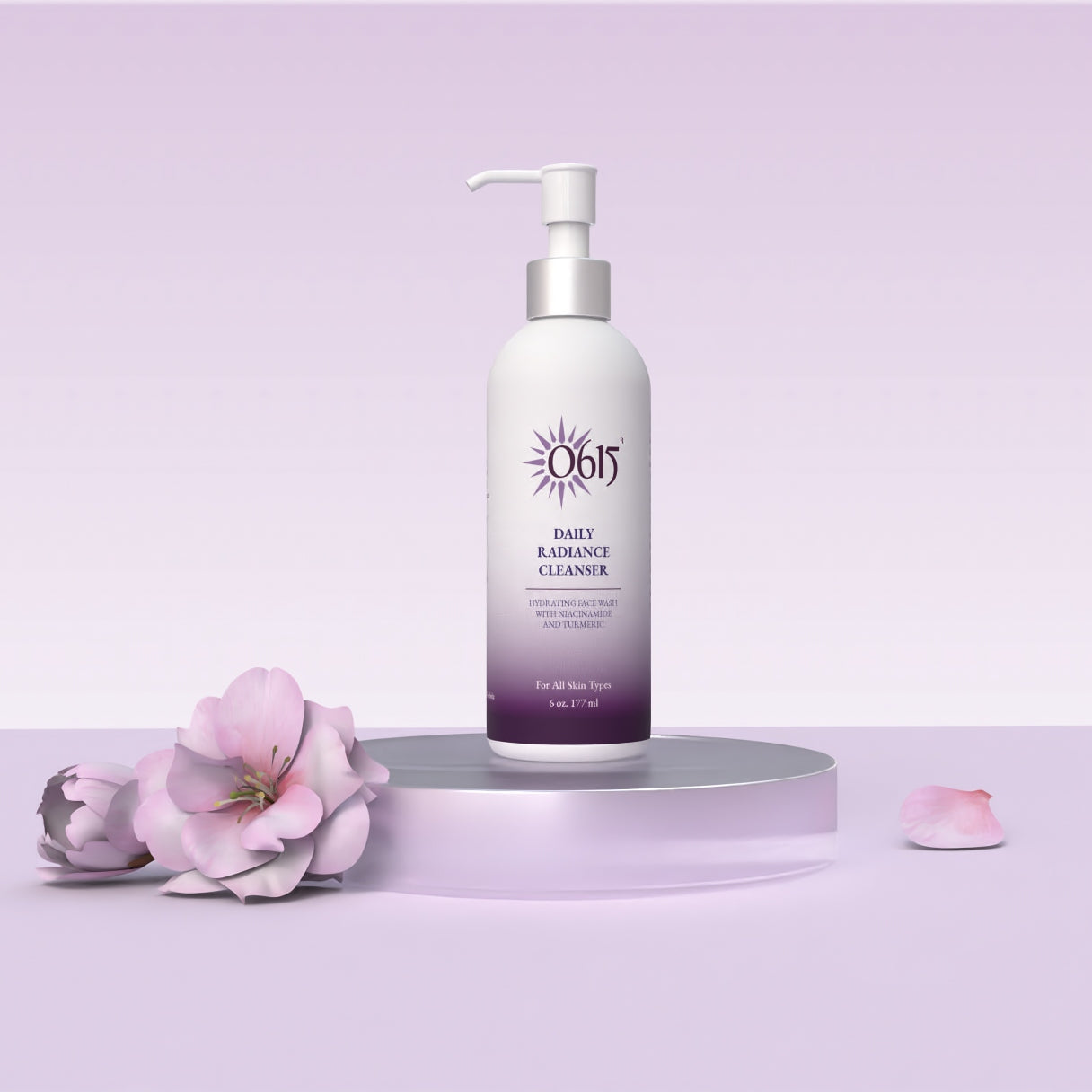 Daily Radiance Cleanser bottle on a purple platform with pink flowers