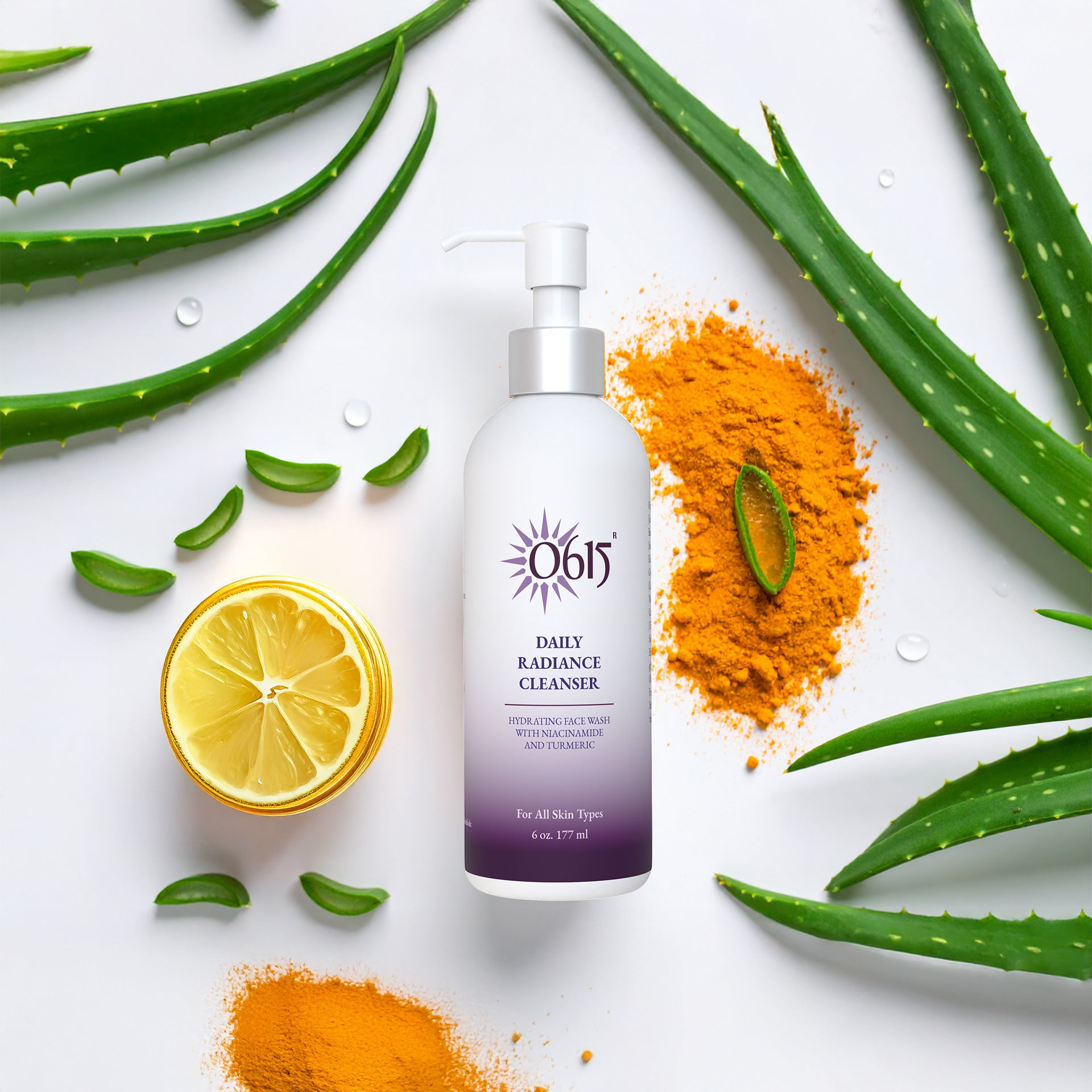 Daily Radiance Cleanser bottle with aloe vera leaves and turmeric on a white background