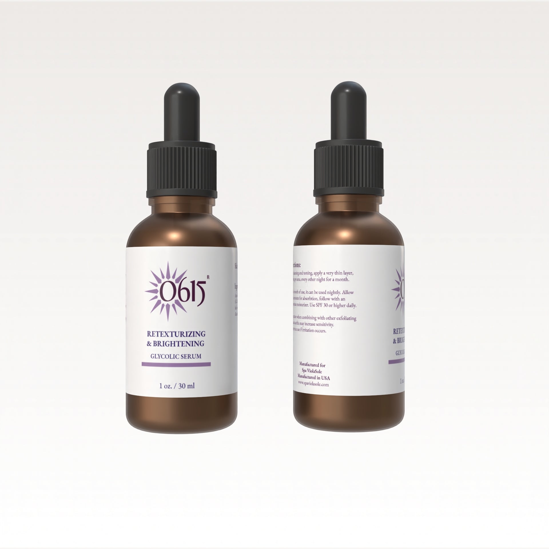 Two bottles of a skincare serum with dropper lids on a white background