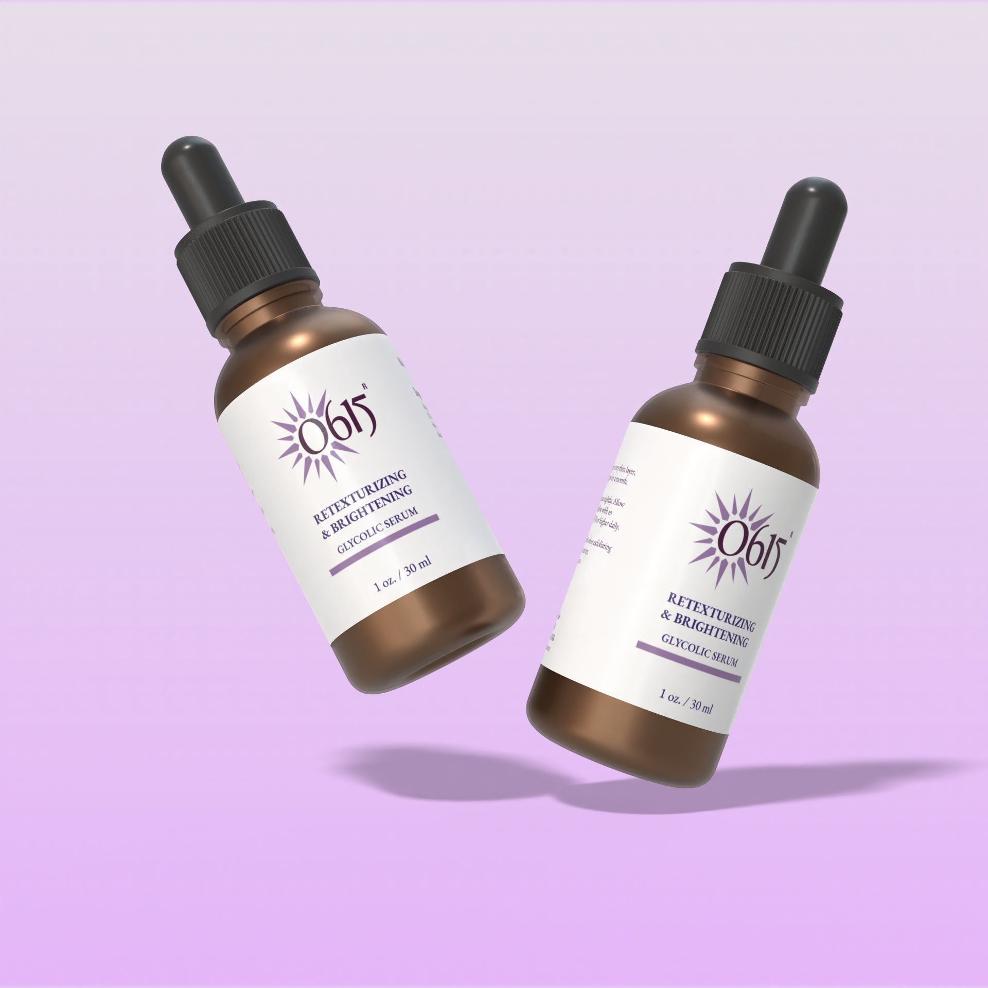 Two bottles of a skincare serum with a purple background