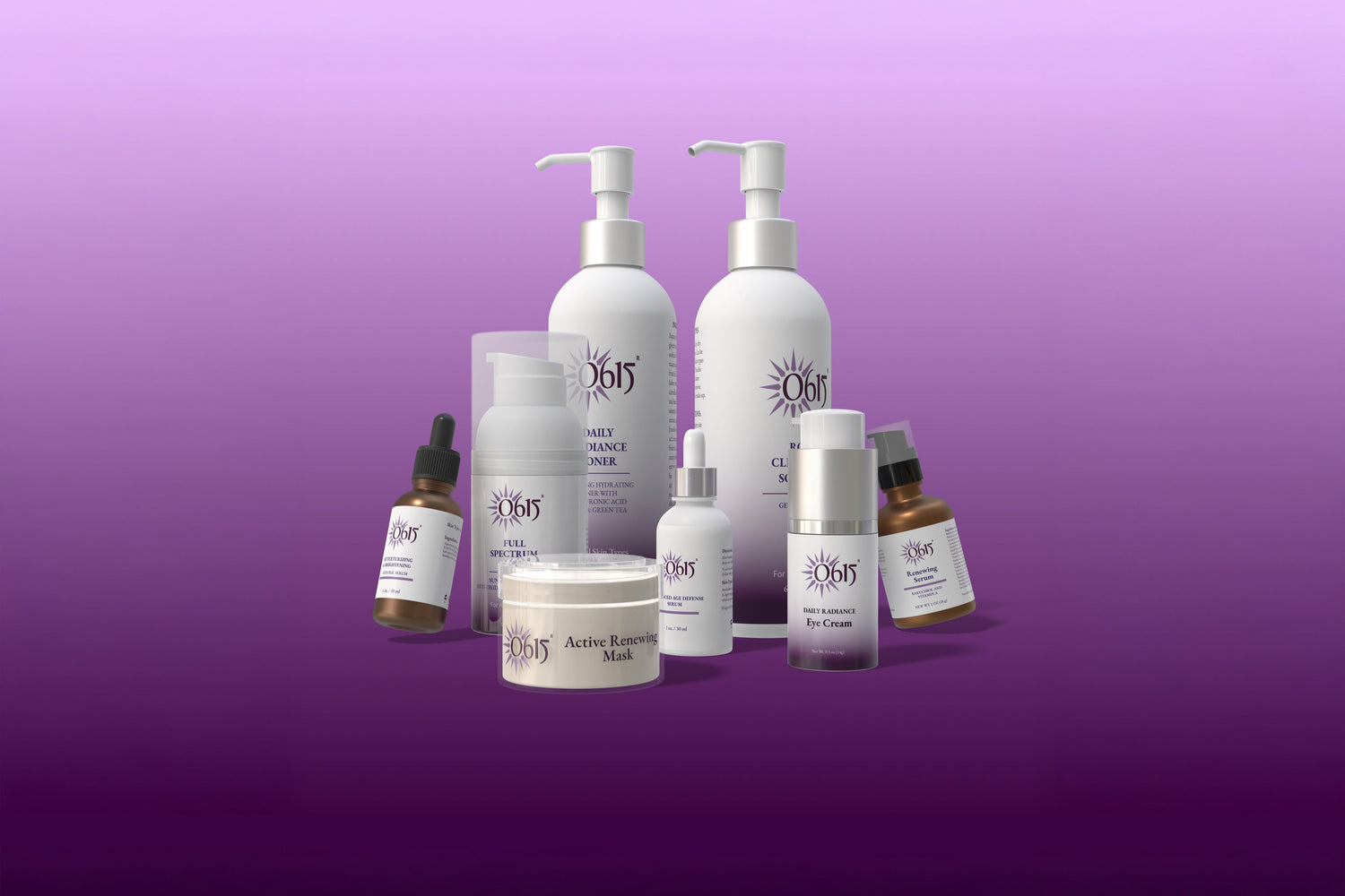 Collection of 0615 skincare products on a purple background