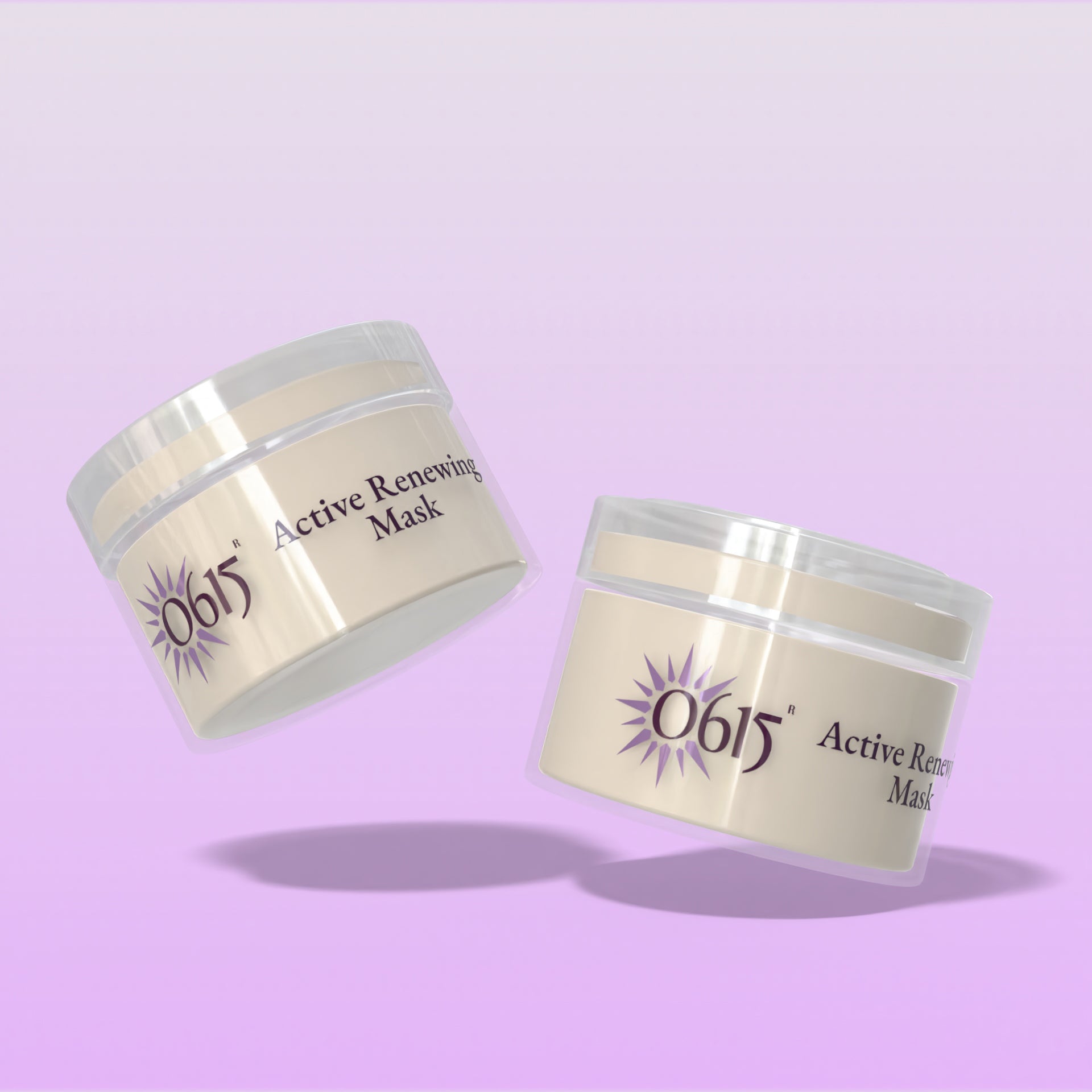 Two jars of 0615 Active Renewing Mask on a light purple background