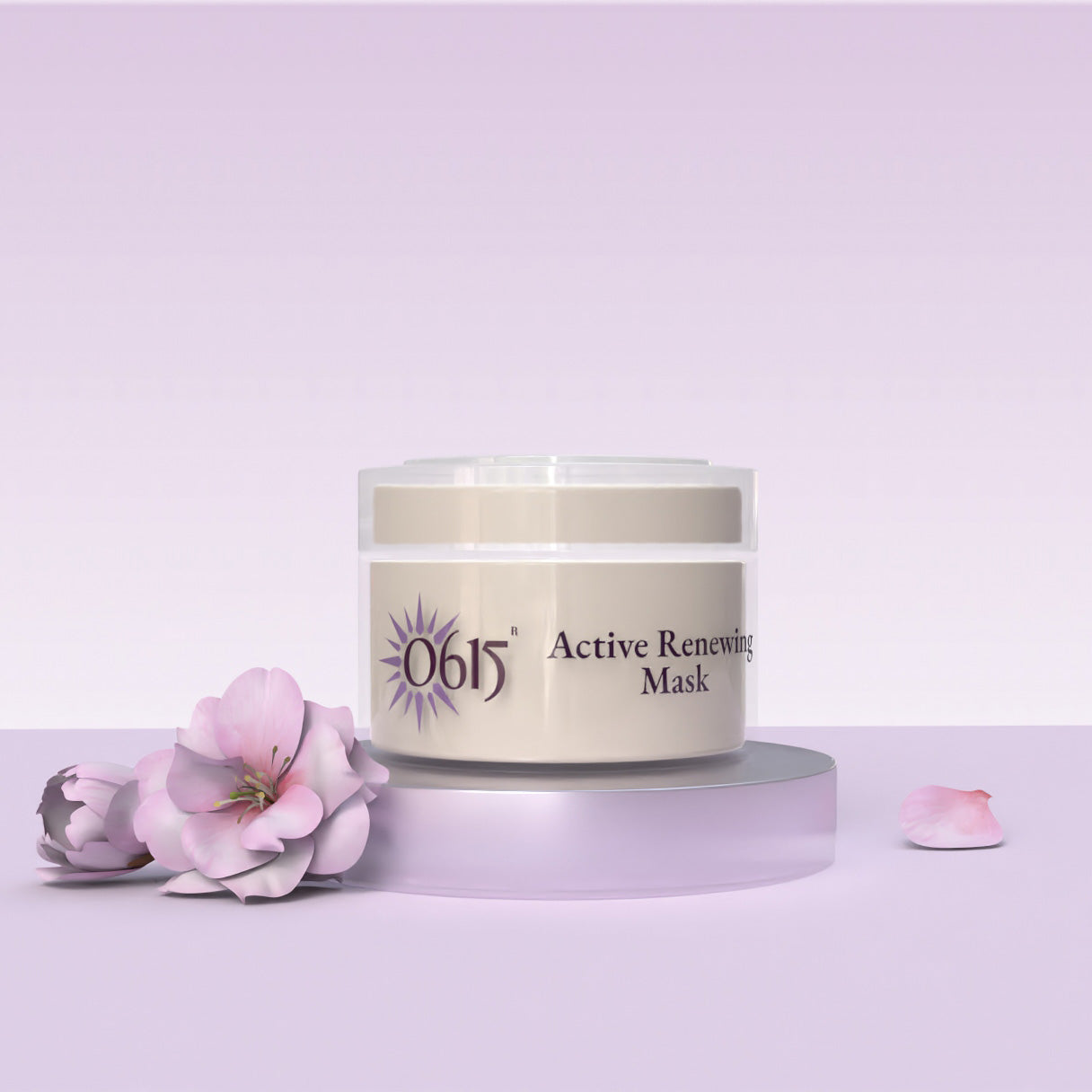 Active Renewing Mask jar with pink flowers on a light purple background