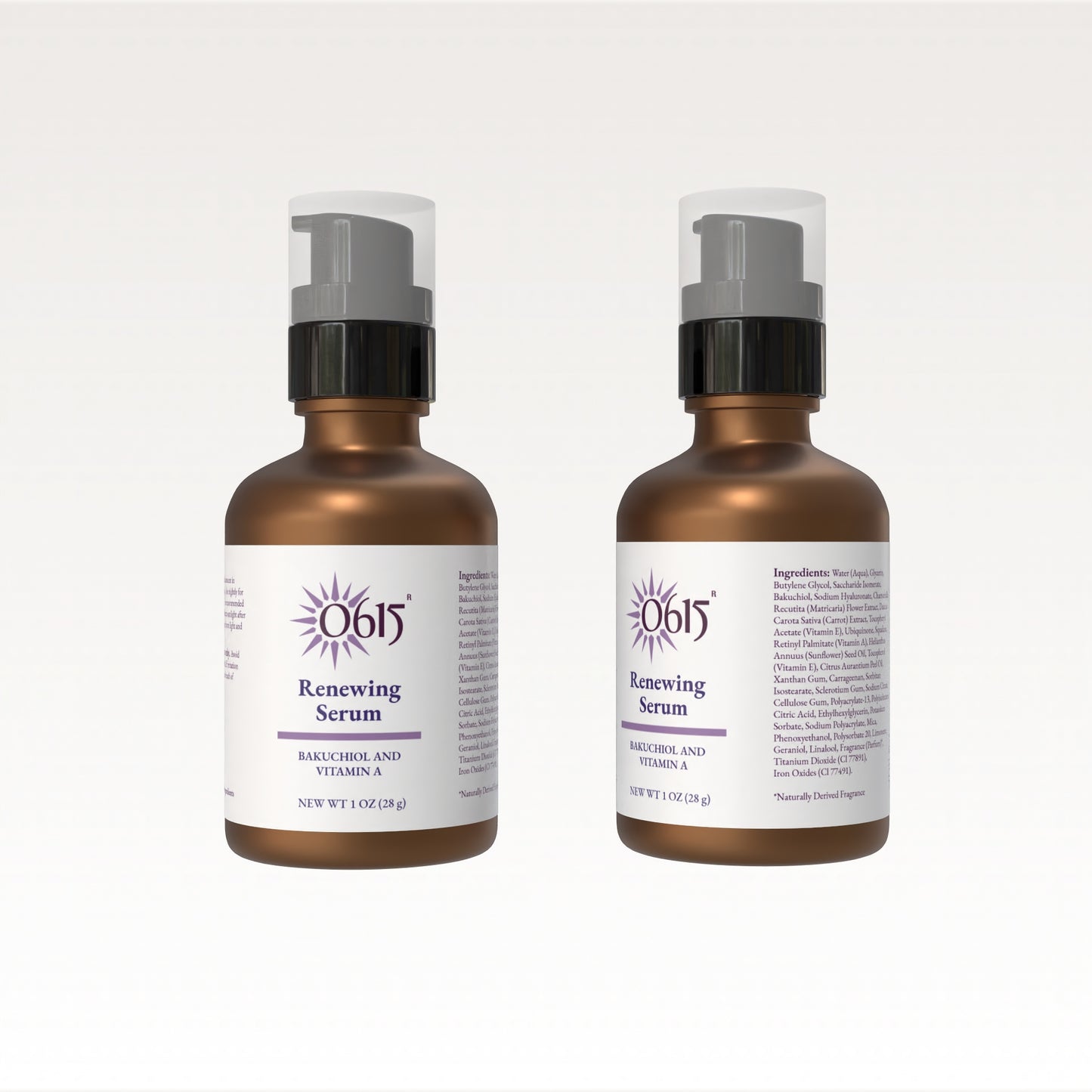 Two bottles of 0615 Renewing Serum on a white background