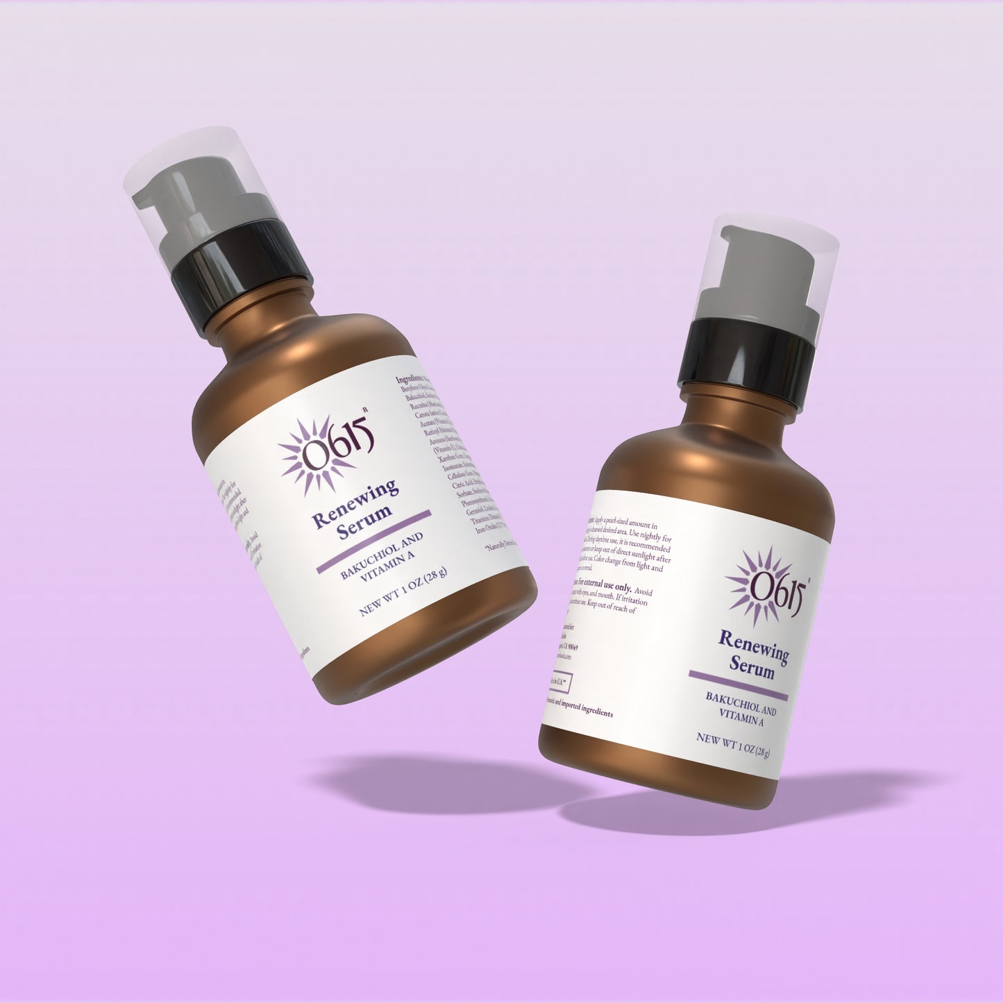 Two bottles of 0615 Renewing Serum on a light purple background