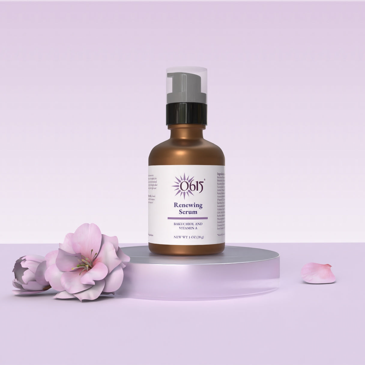 Skincare serum bottle with pink flowers on a light purple background