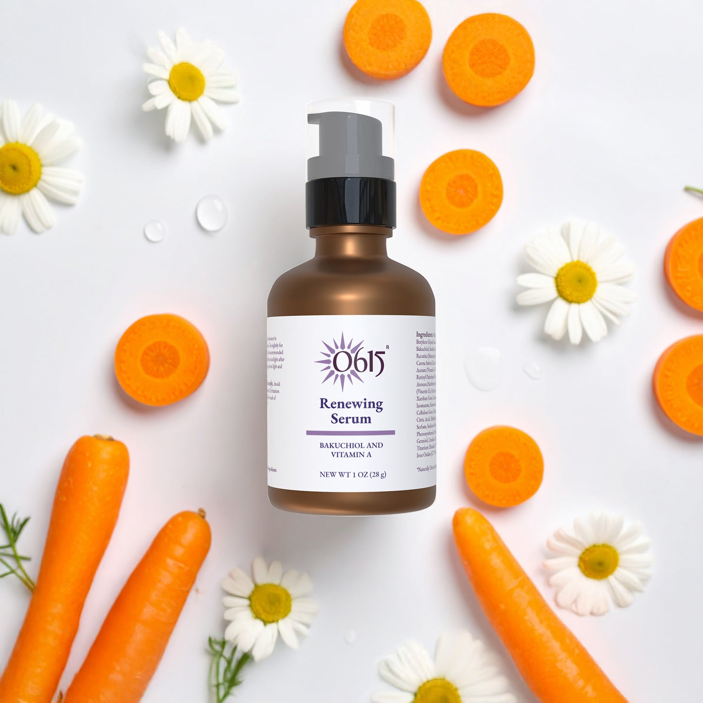 Renewing Serum bottle surrounded by carrots and daisies on a light background
