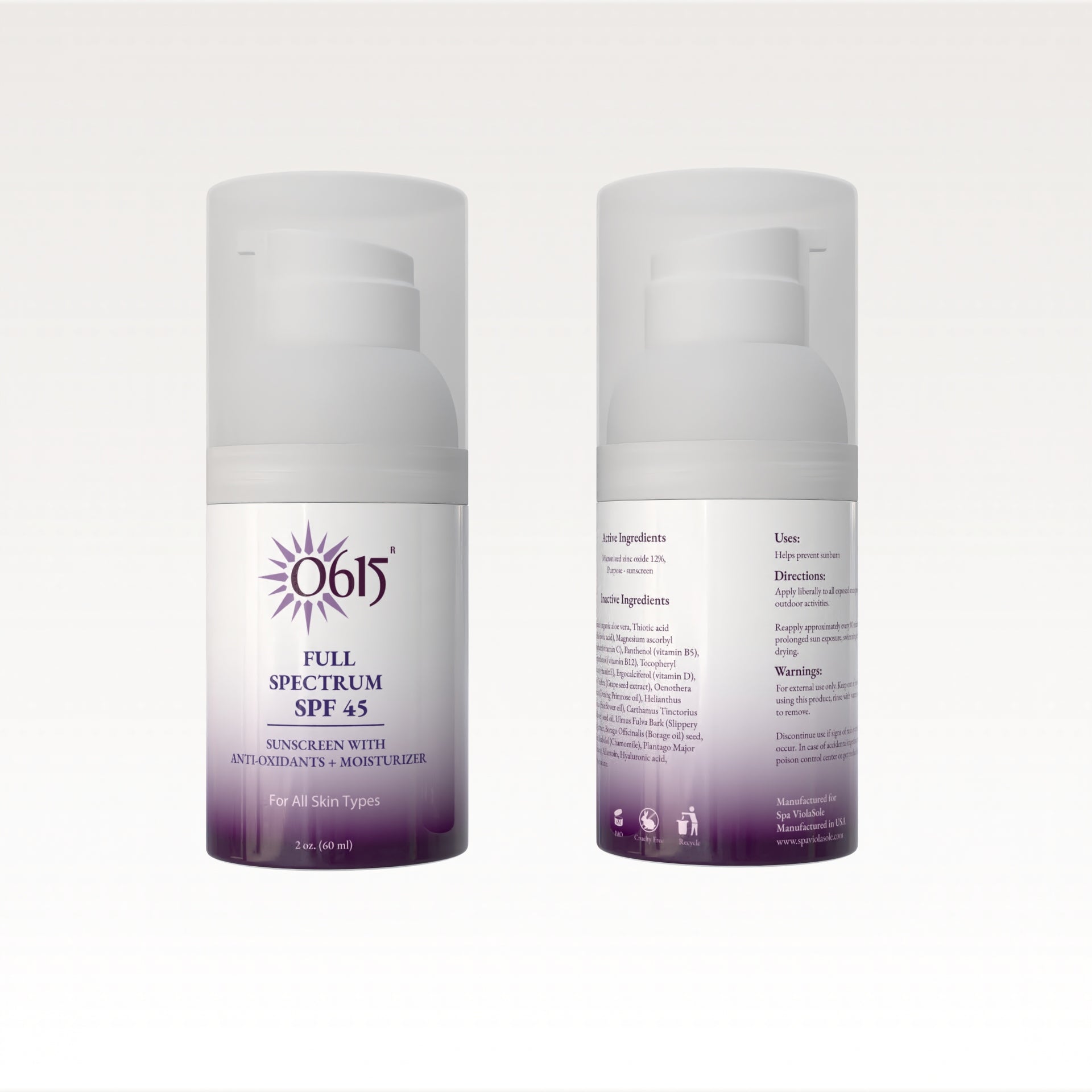 Two bottles of Full Spectrum SPF 45 sunscreen on a white background