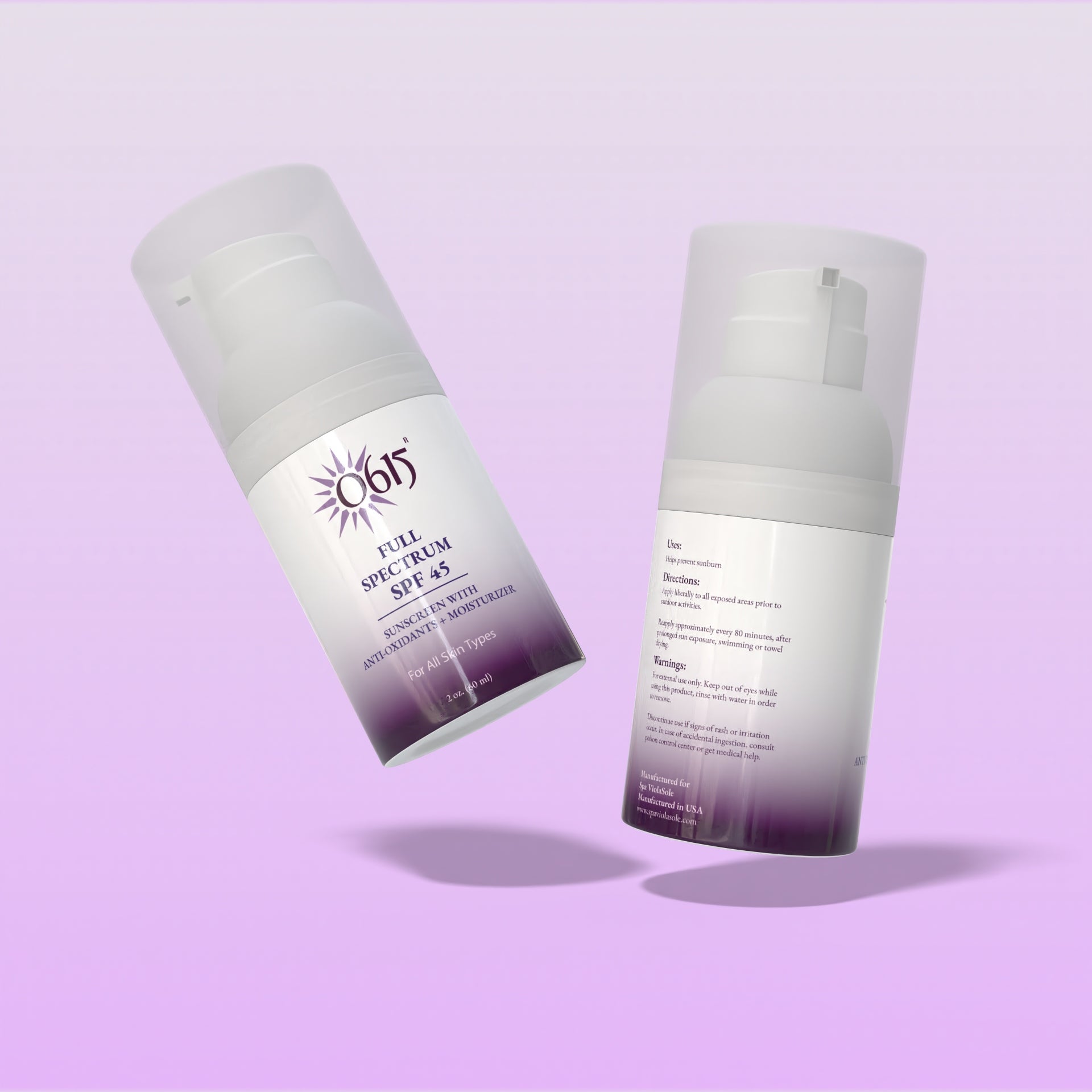 Two Full Spectrum SPF bottles on a light purple background
