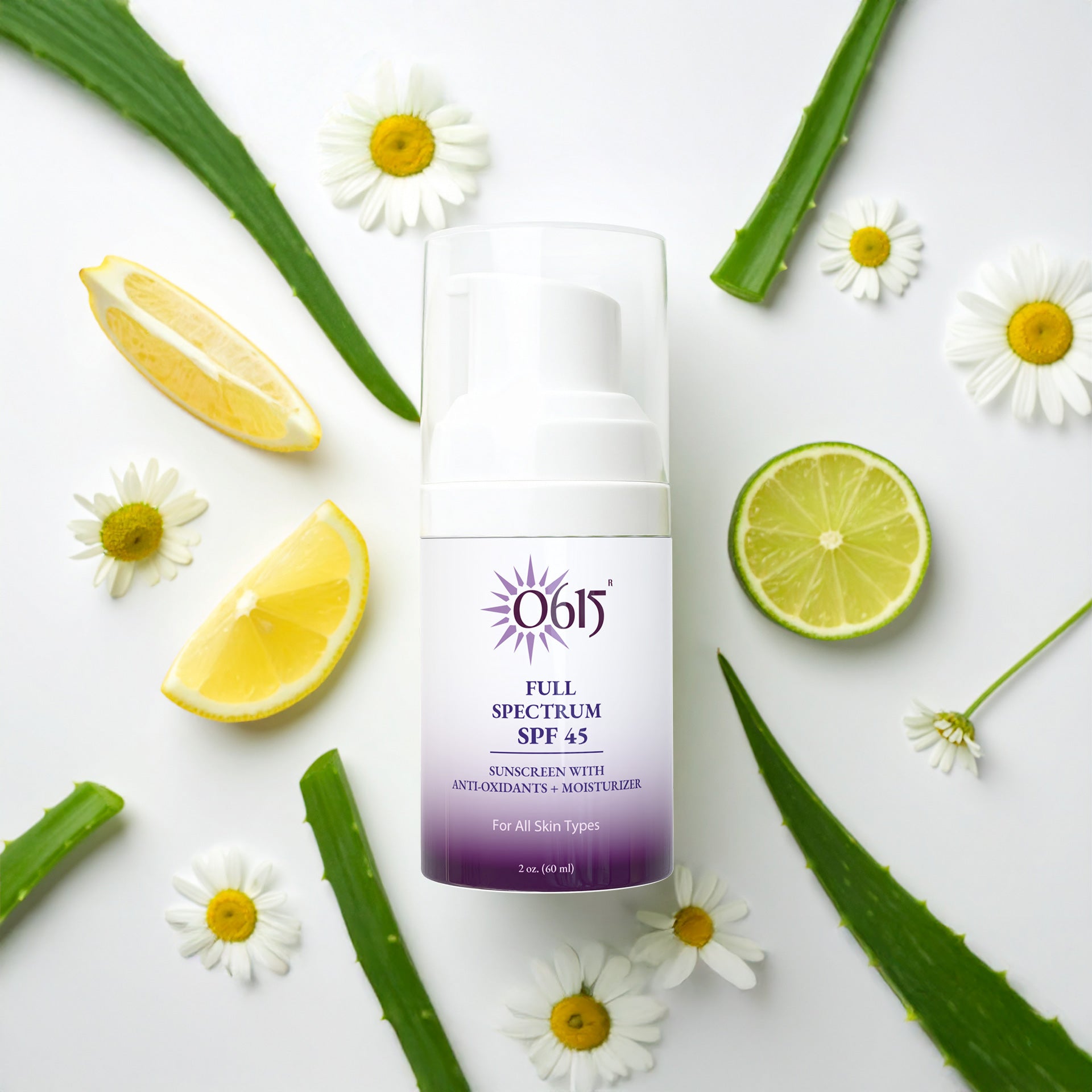 Full Spectrum SPF 45 sunscreen bottle surrounded by lemons, limes, and daisies on a white background