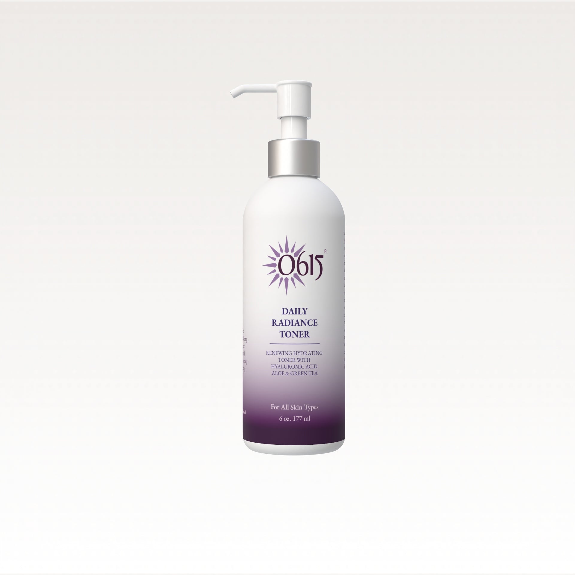 White bottle with purple label of a Daily Radiance Toner on a light gray background