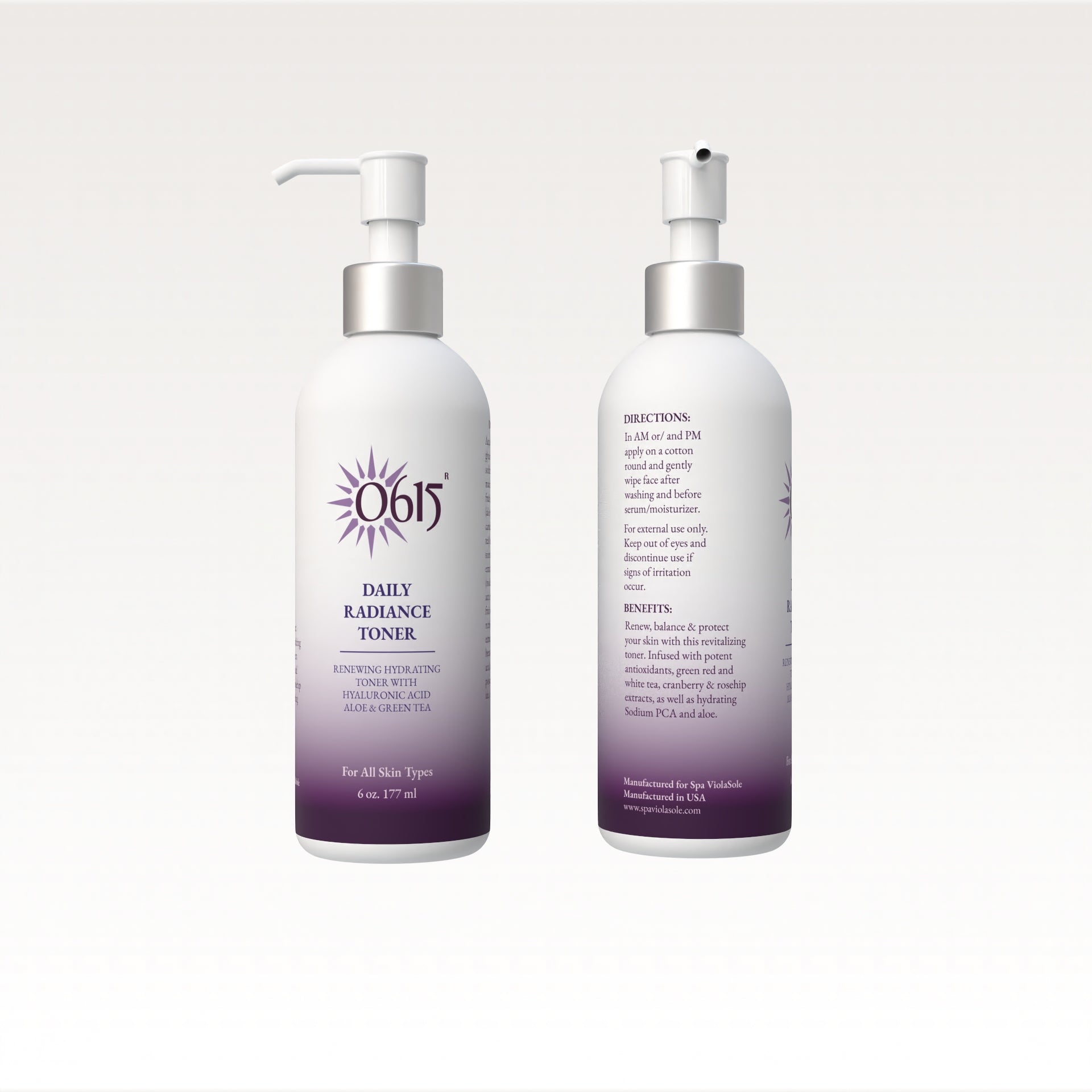 Two bottles of 0615 Daily Radiance Toner on a white background