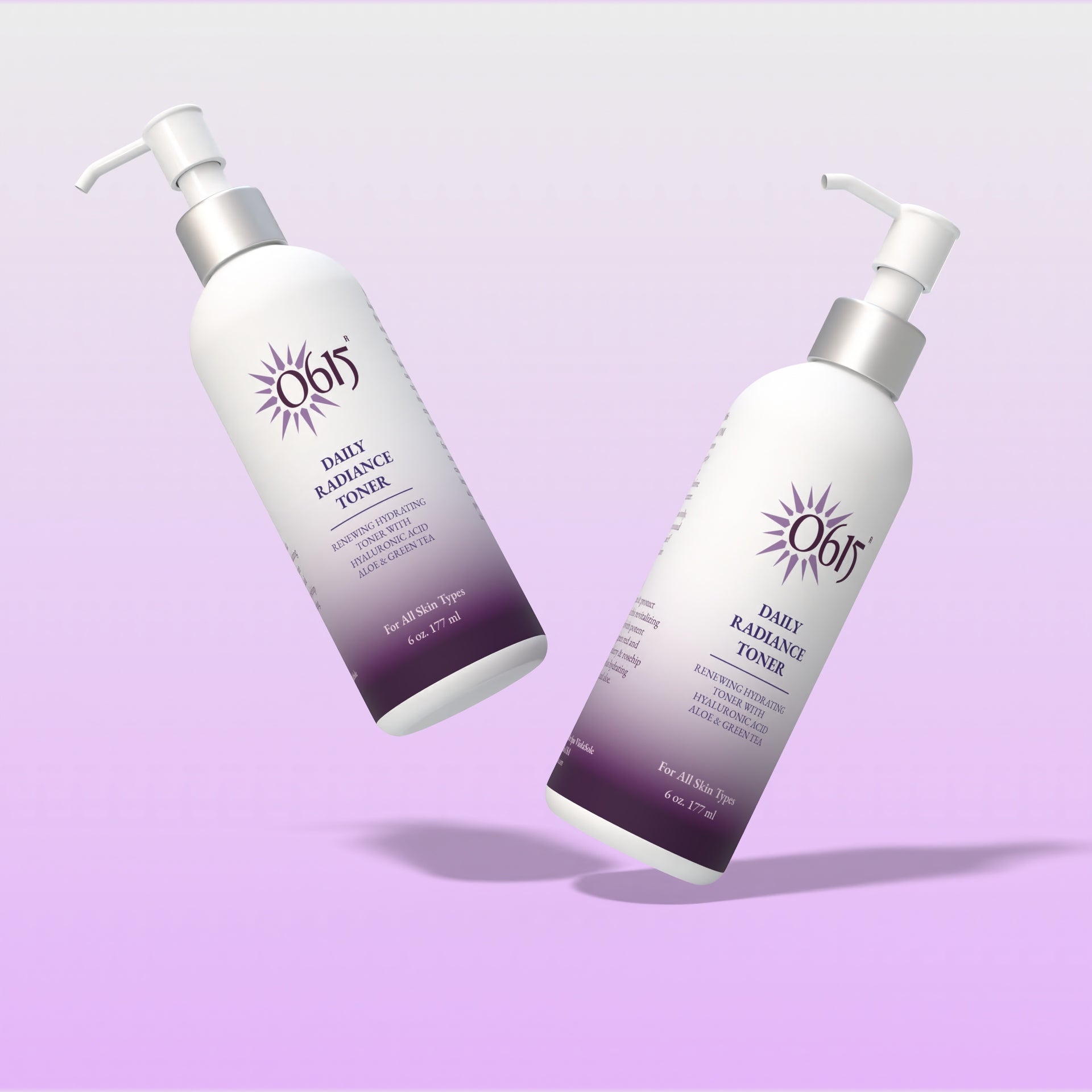 Two bottles of Daily Radiance Toner on a light purple background