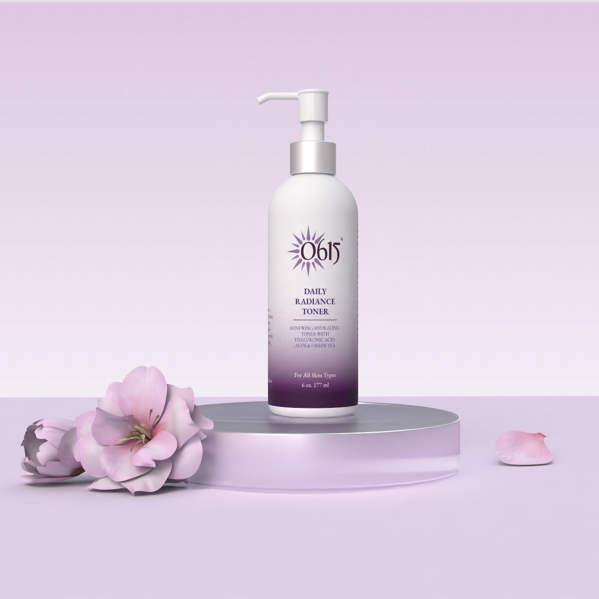Daily Radiance Toner bottle on a purple platform with pink flowers