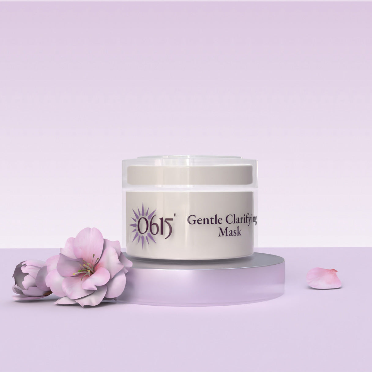 Gentle Clarifying Mask jar with pink flowers on a light purple background