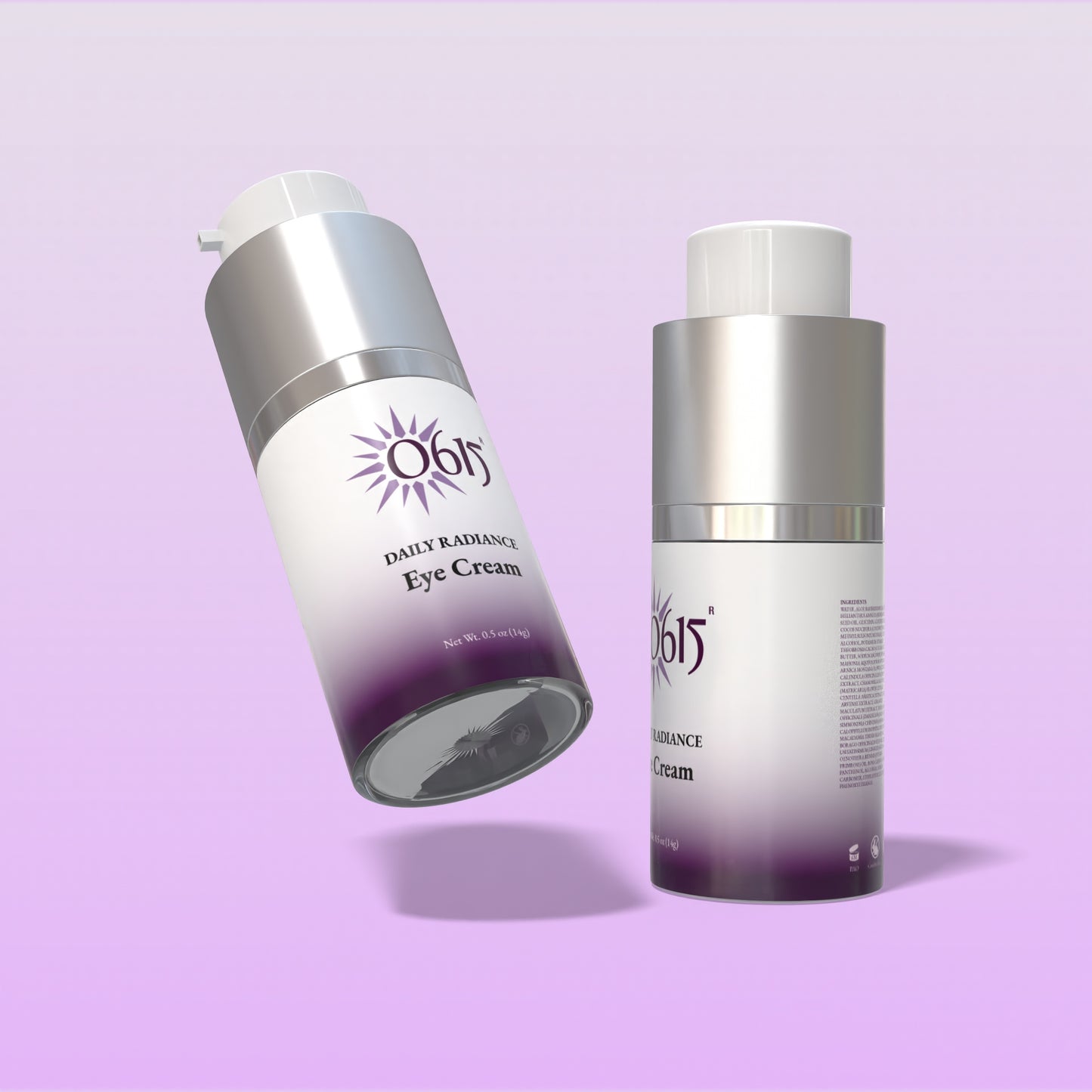 Two bottles of Daily Radiance Eye Cream on a light purple background