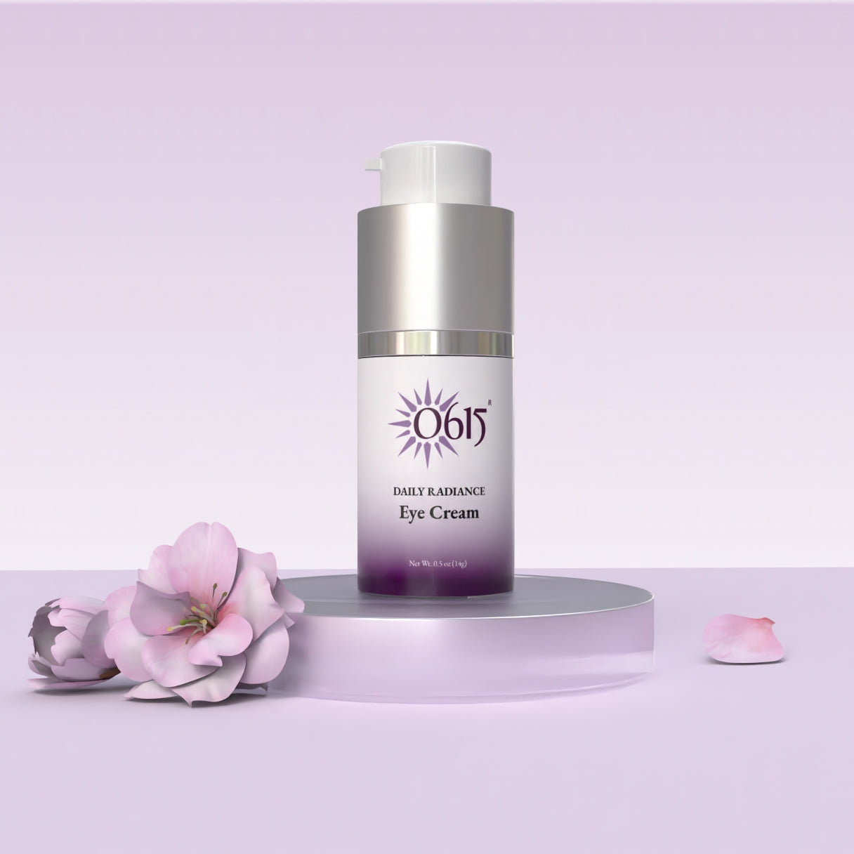 Daily Radiance Eye Cream skincare bottle on a purple background with flowers.