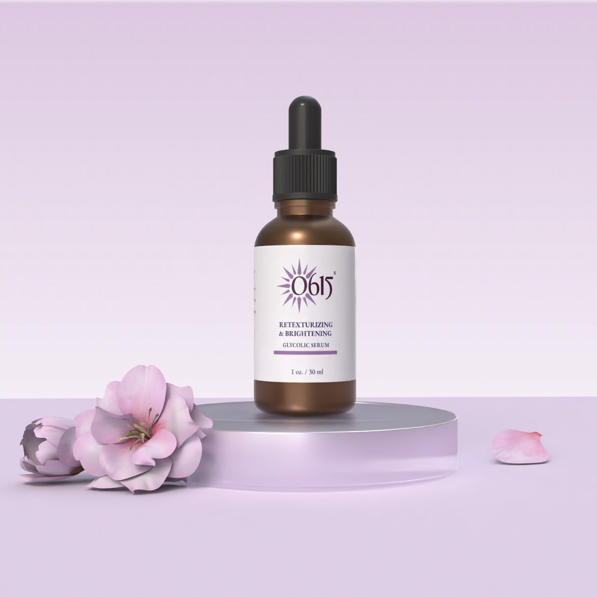 Bottle of skincare serum with flowers on a light purple background