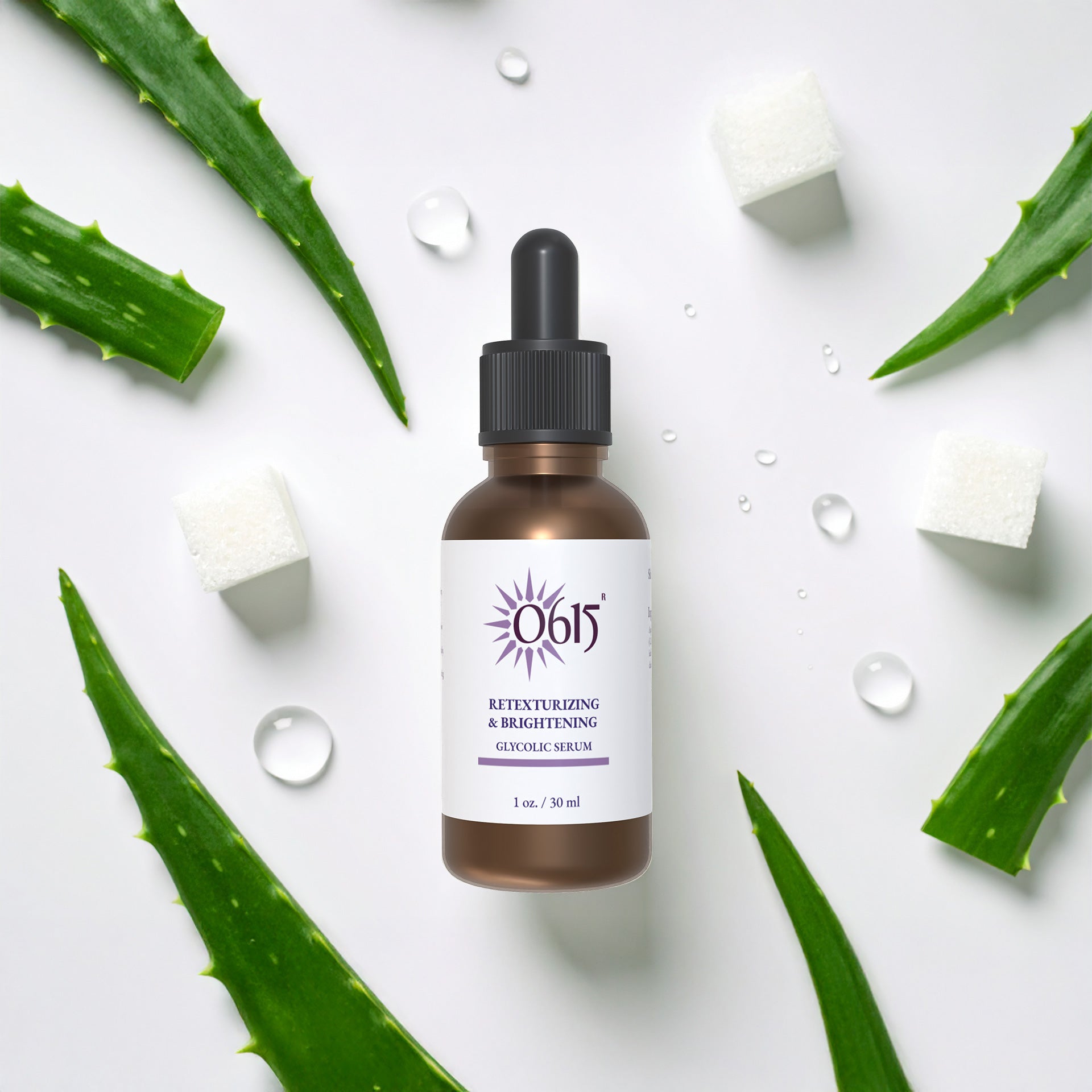 Bottle of 0615 skincare serum surrounded by aloe vera leaves on a white background