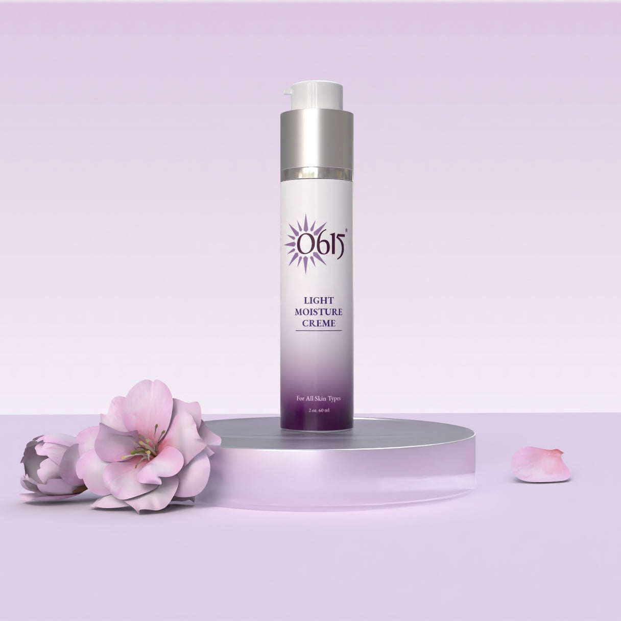 Light Moisture Creme bottle on a purple platform with flowers