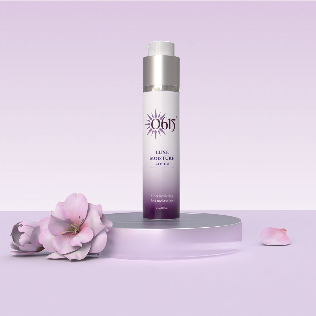 Luxe Moisture Creme on a purple platform with pink flowers