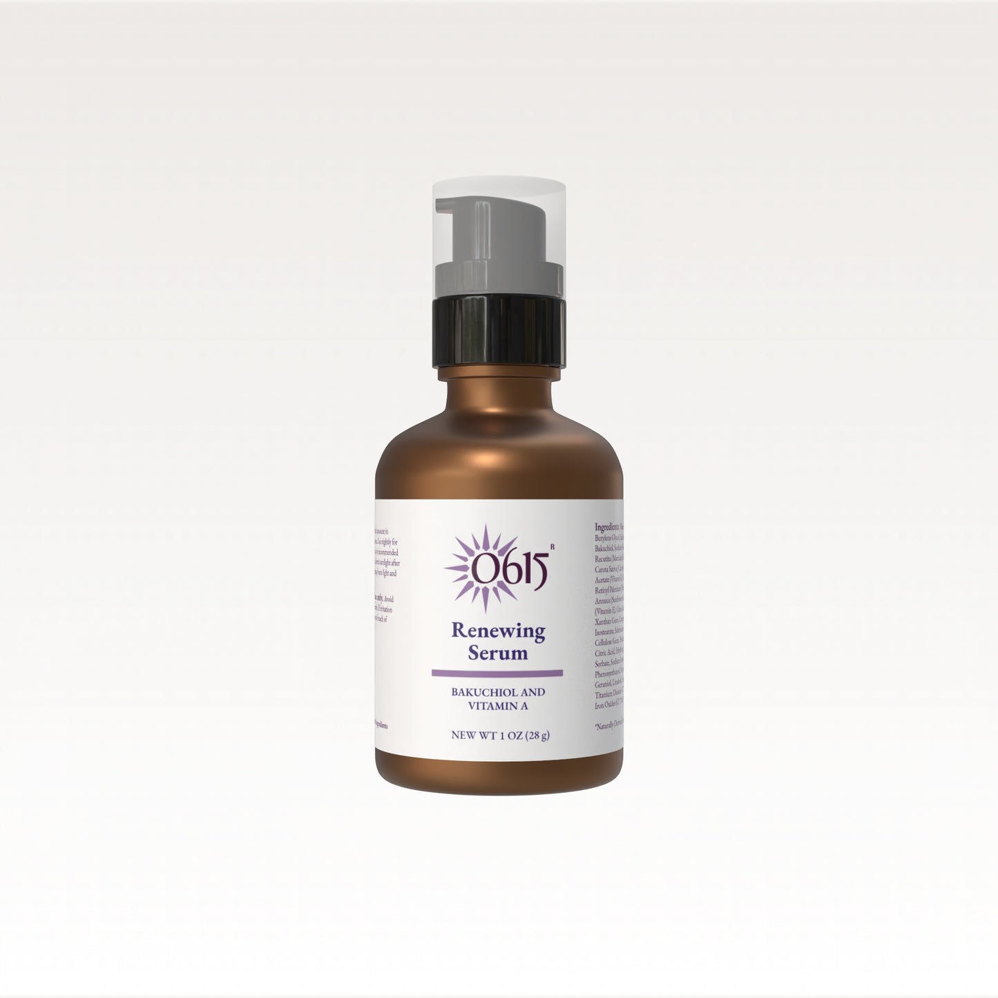 Bottle of O615 Renewing Serum on a white background