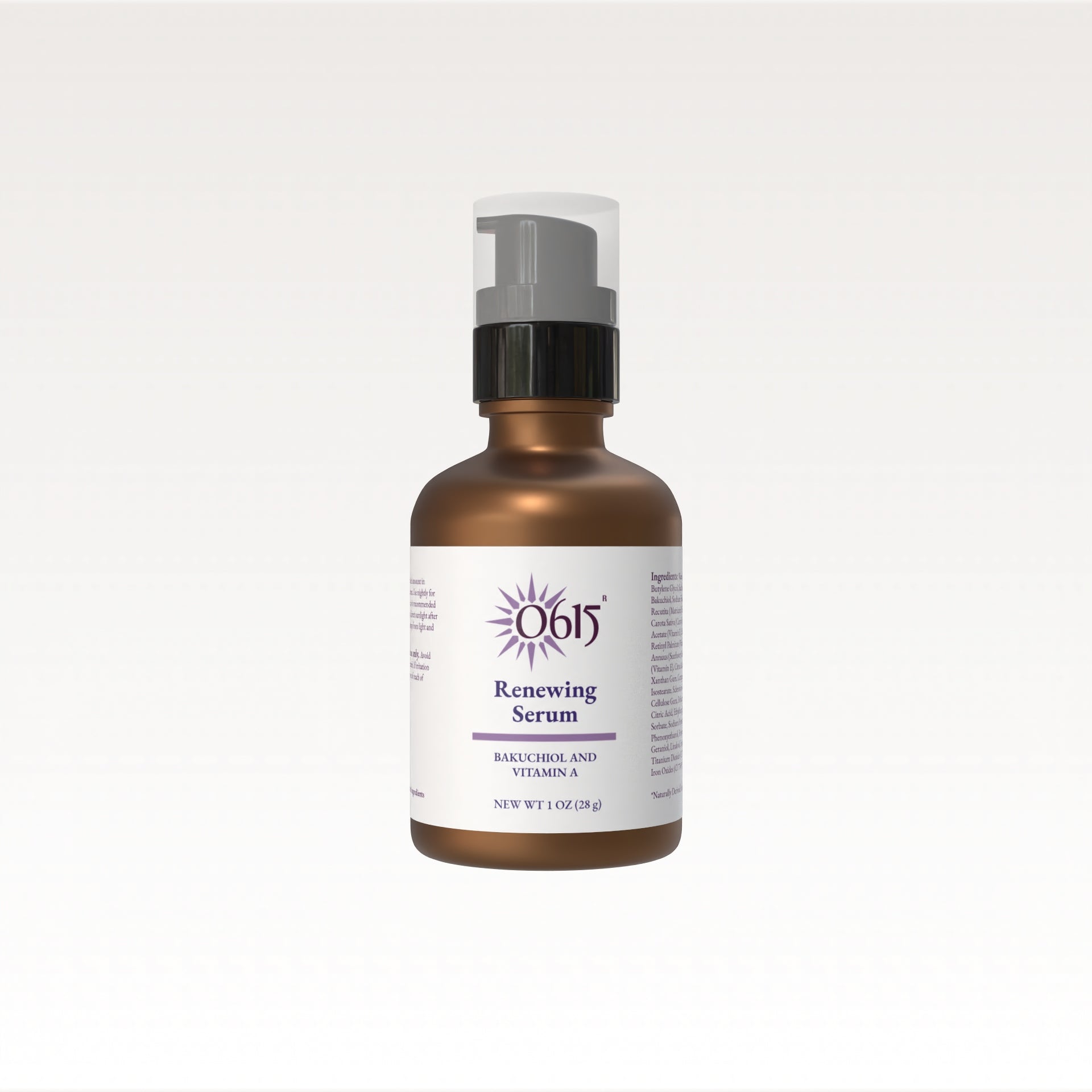 Bottle of O615 Renewing Serum on a white background