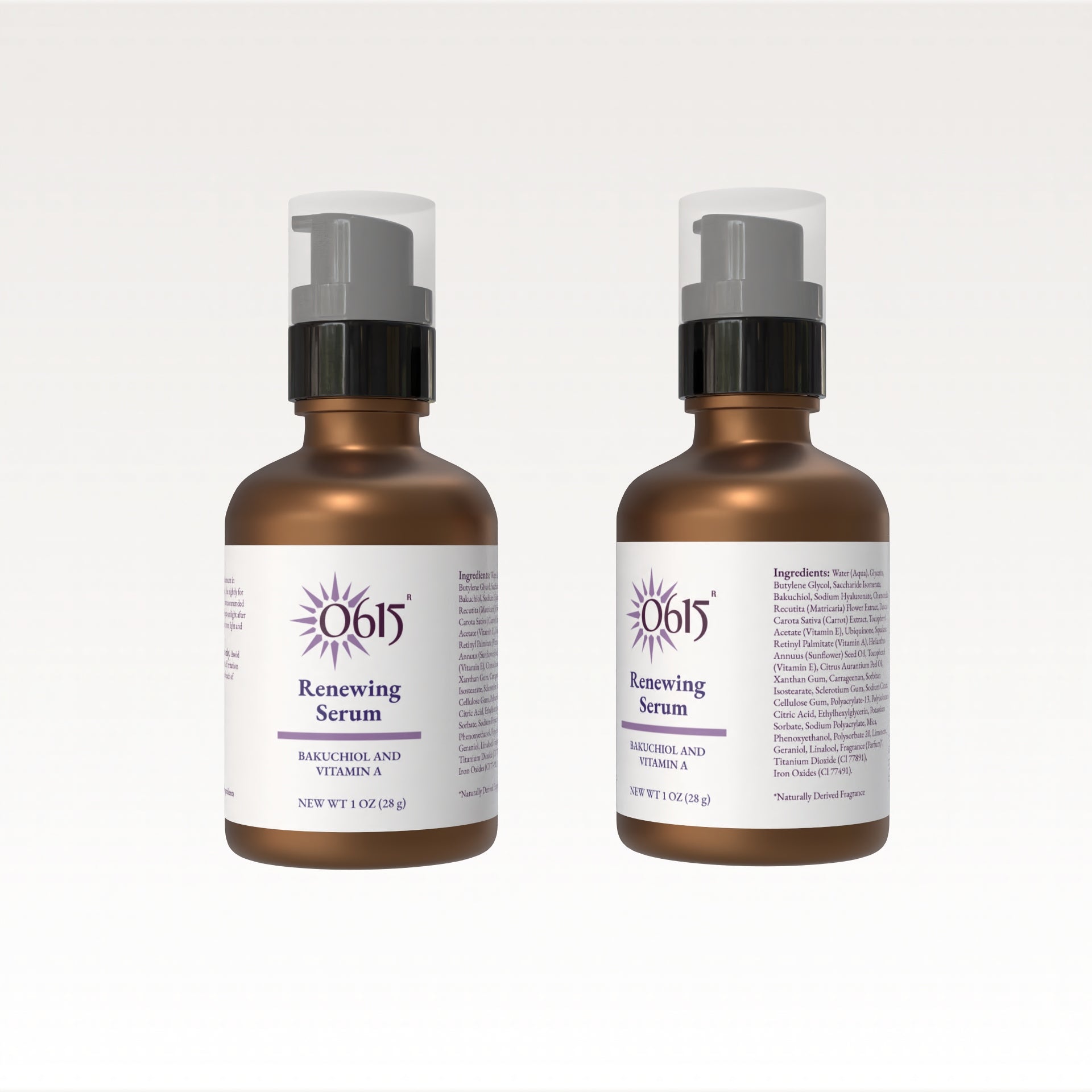 Two bottles of 0615 Renewing Serum on a white background
