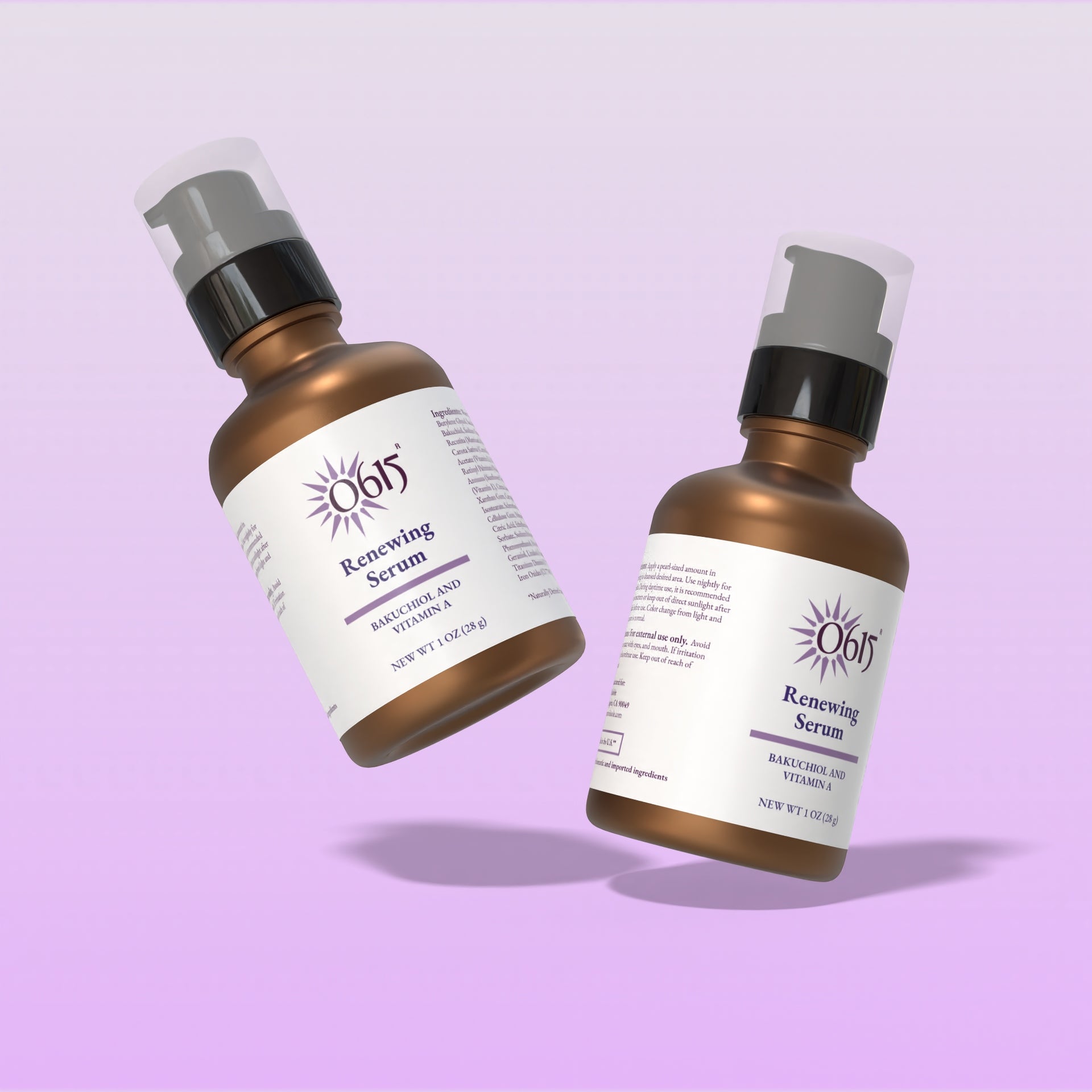 Two bottles of 0615 Renewing Serum on a light purple background
