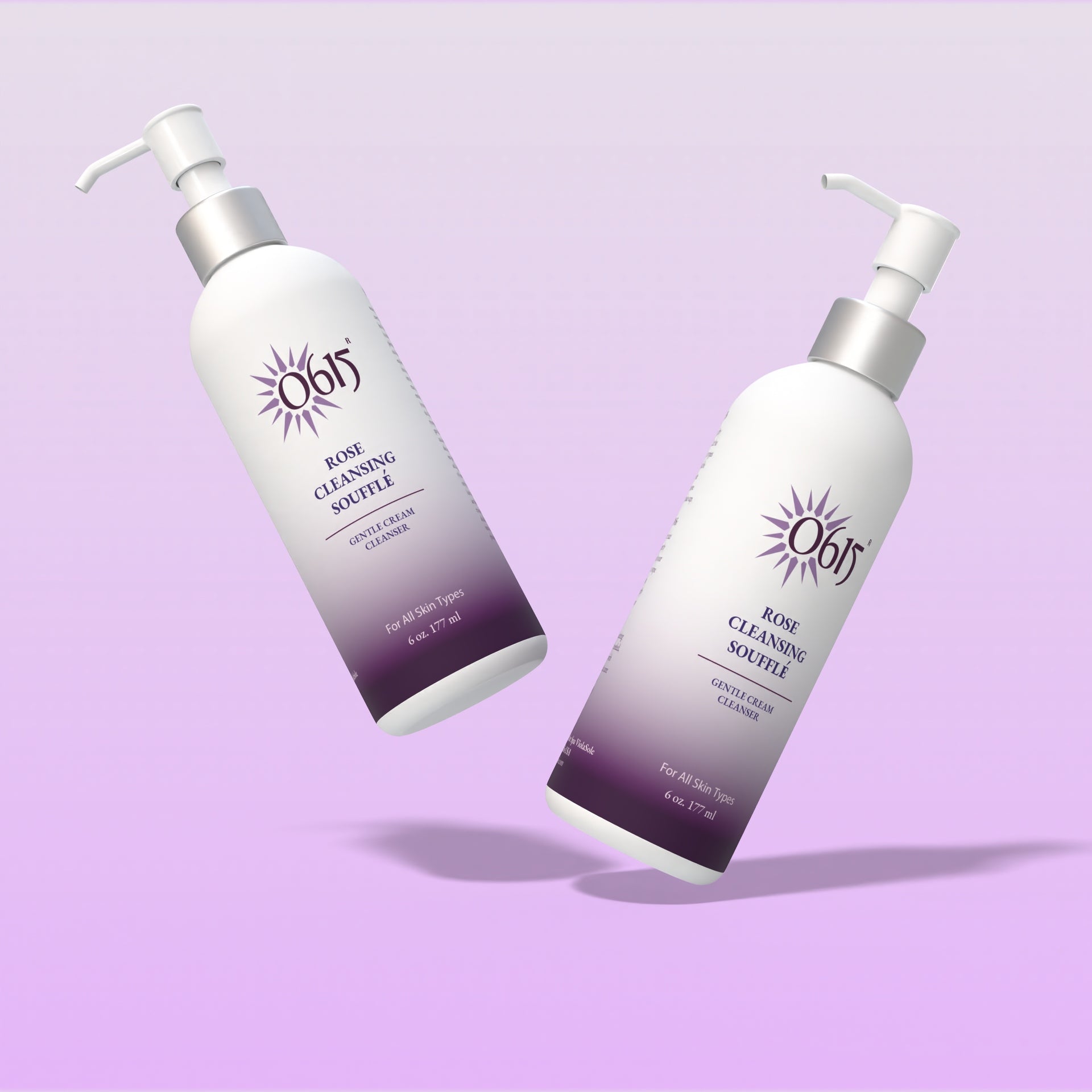 Two bottles of Rose Cleansing Souffle on purple background