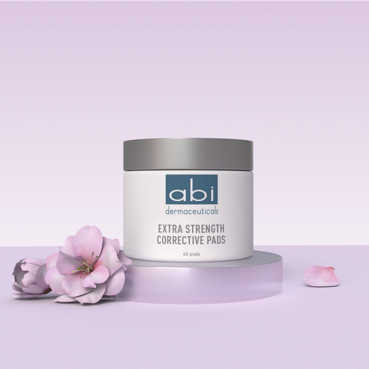  abi dermaeuticals Extra Strength Corrective Pads container on a light purple background with flowers.